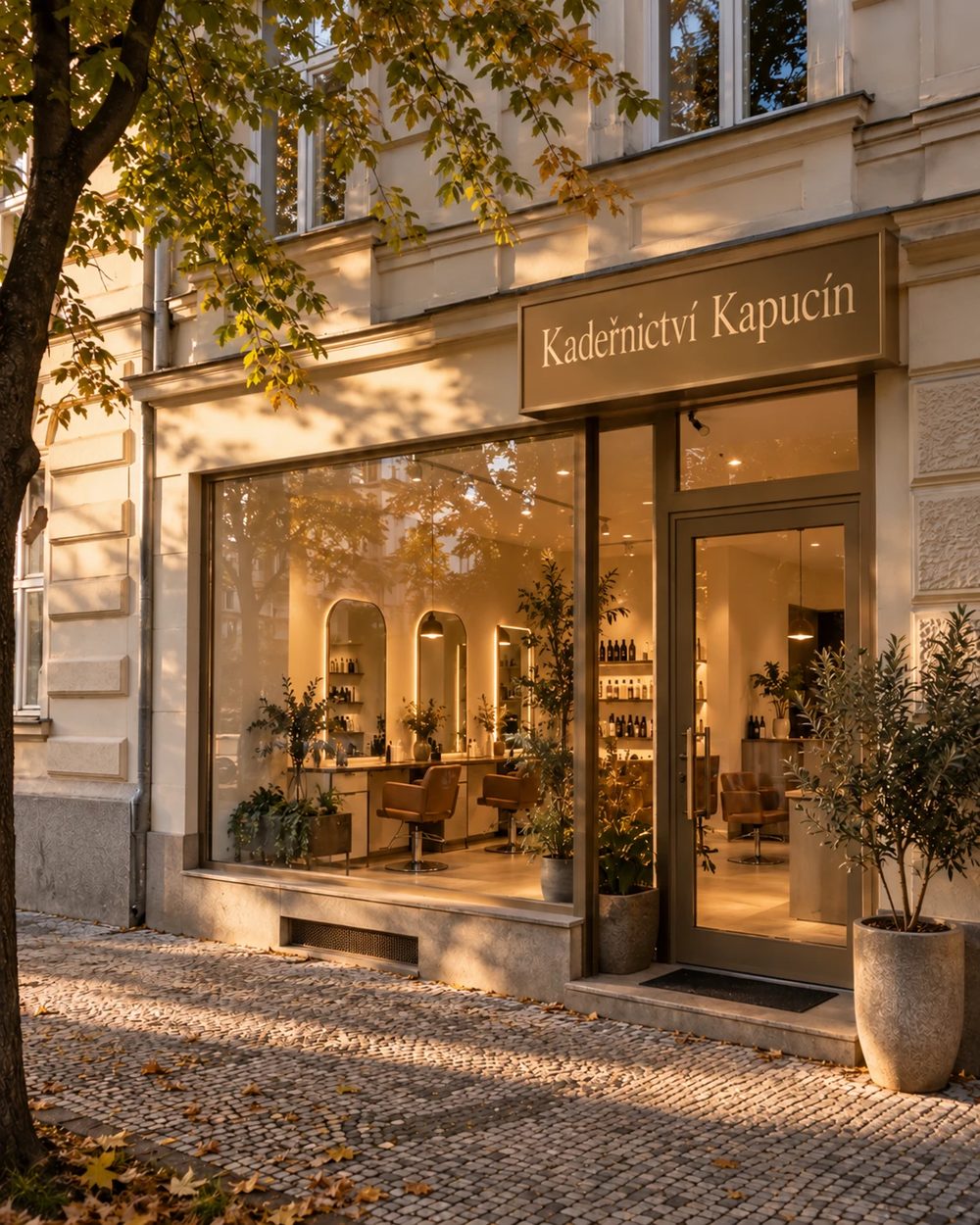 Kadeřnictví Kapucín zvenku – výloha s pohledem do salonu